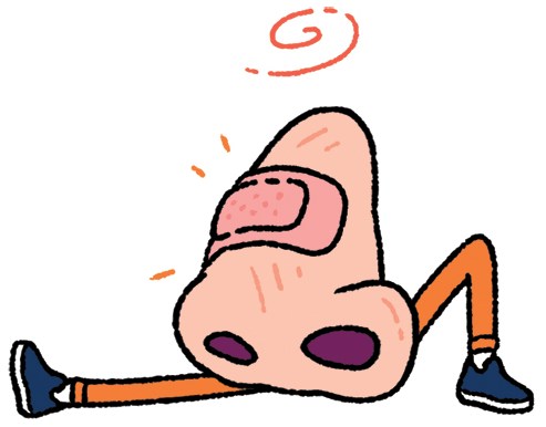 Illustration of a nose with a bandage and legs, appearing dizzy.