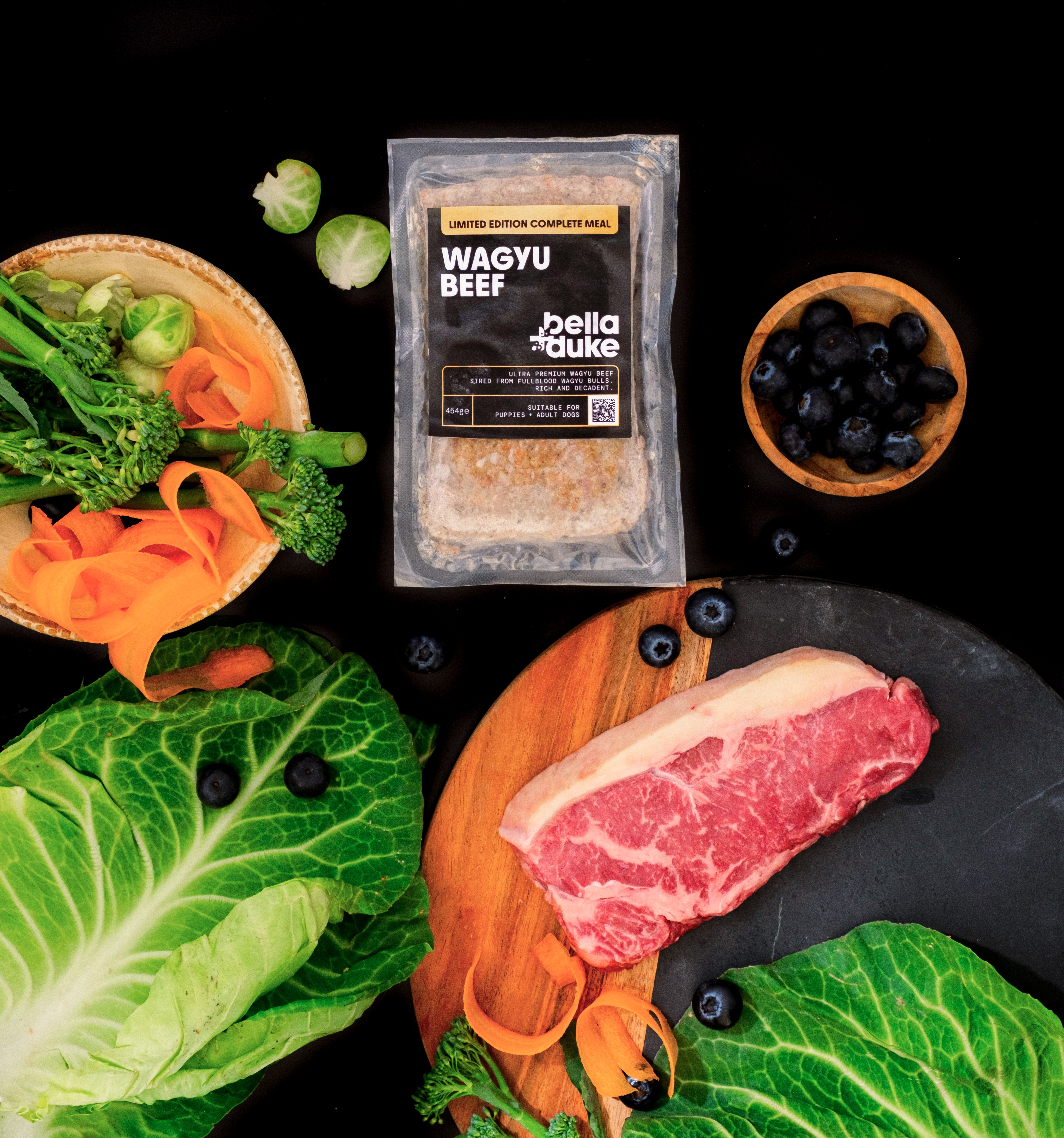 Wagyu beef dog food with vegetables and blueberries.