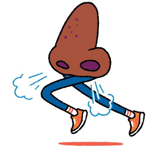 Illustration of a nose with legs running and exhaling.