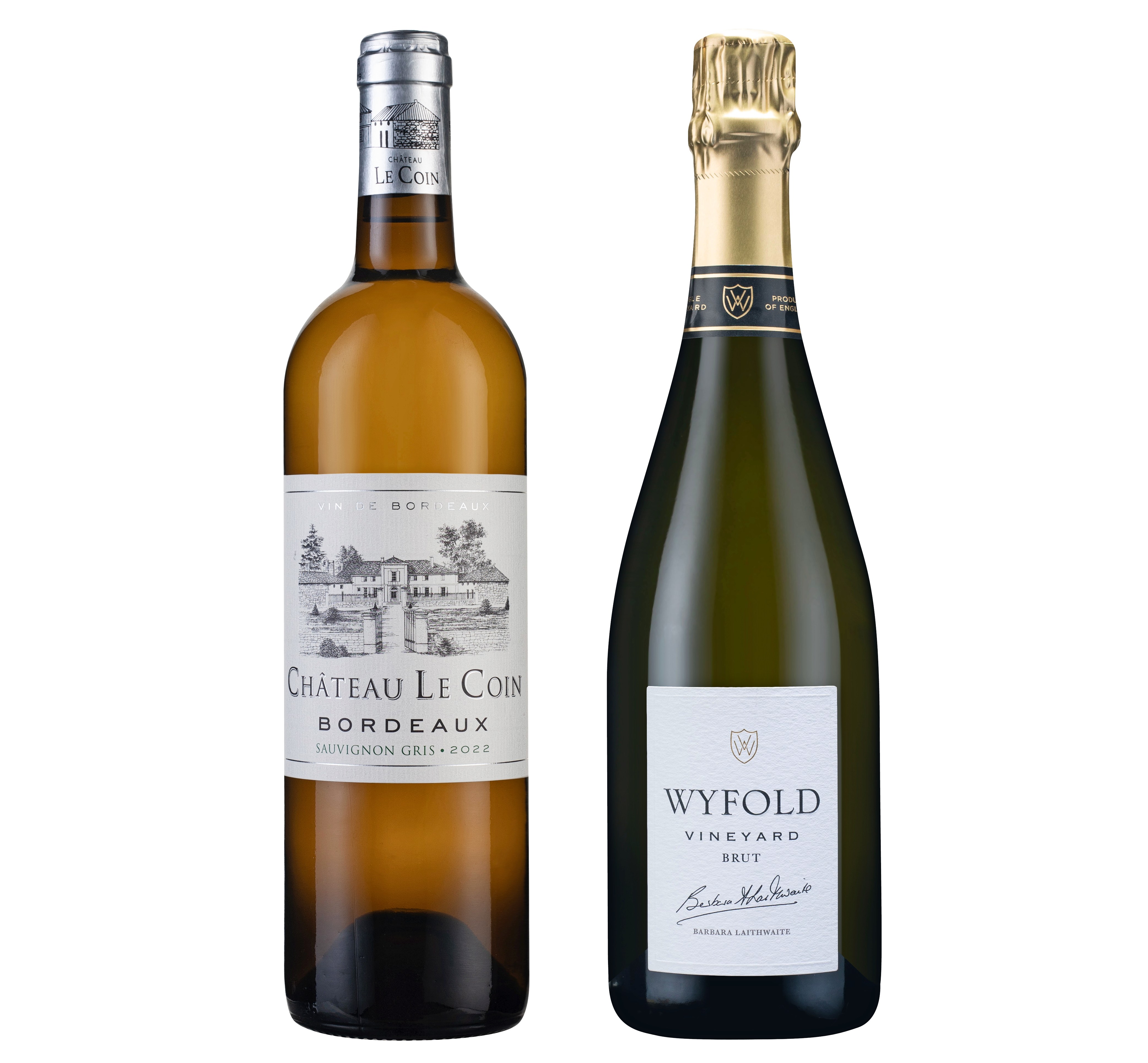Two bottles of wine; a white wine and a sparkling wine.