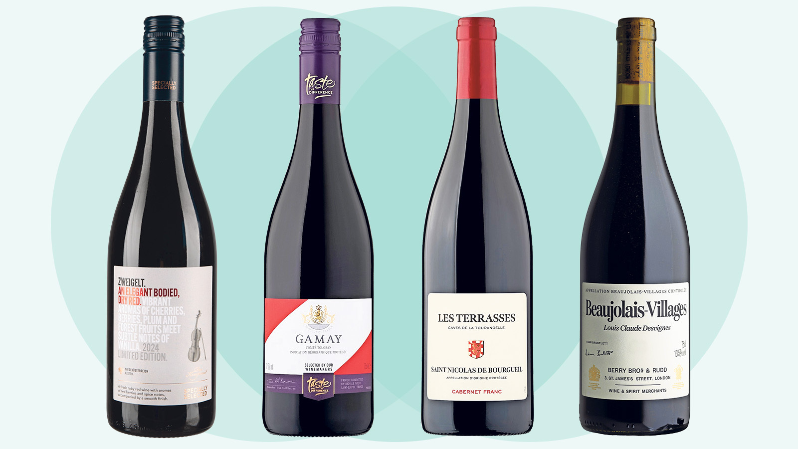 Collage of four bottles of red wine.