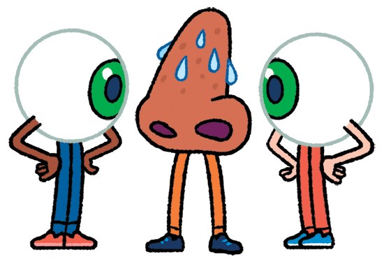 Illustration of a sweating nose standing between two eyes.