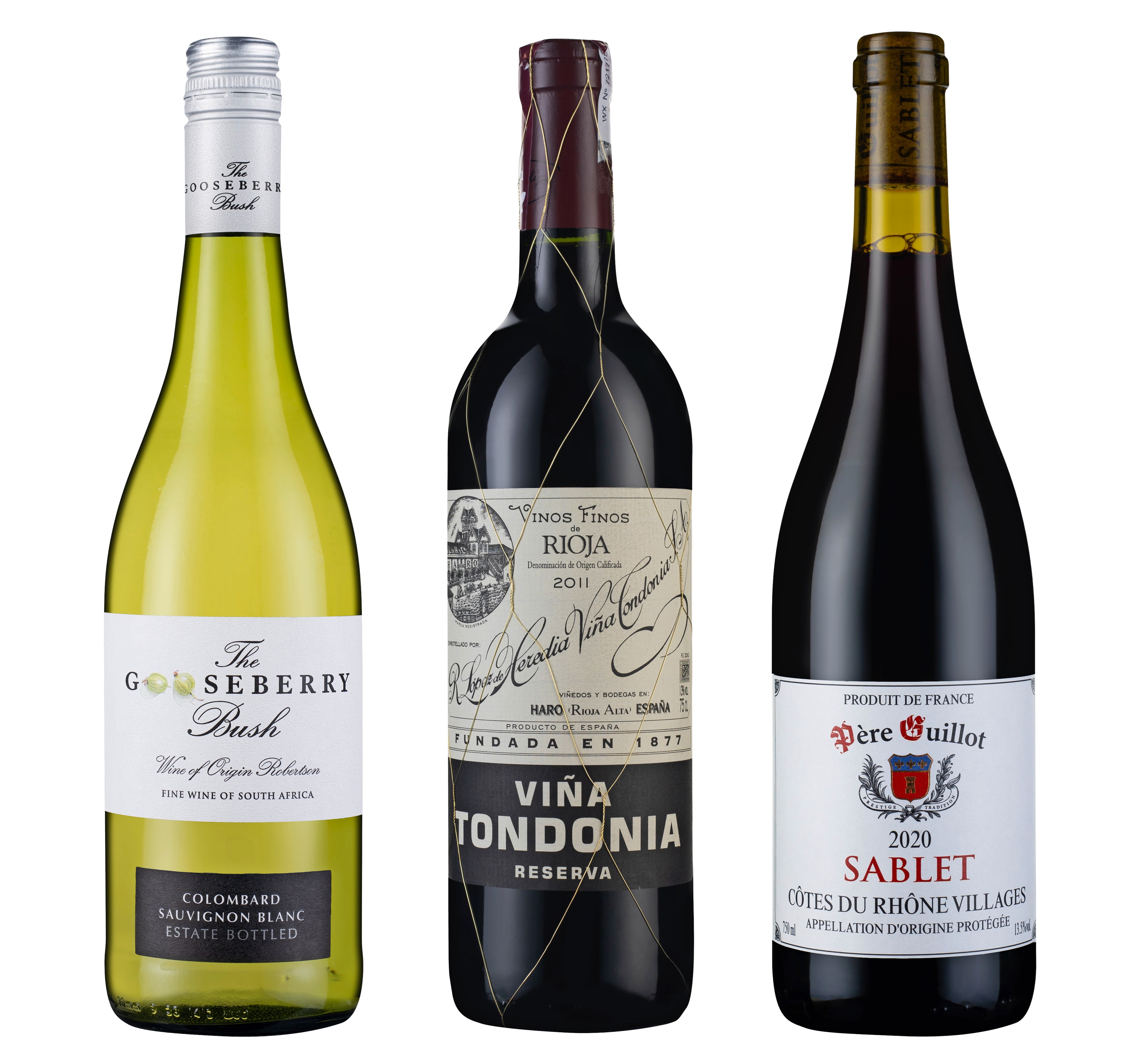 Three bottles of wine: a white wine, a red wine, and a rosé wine.
