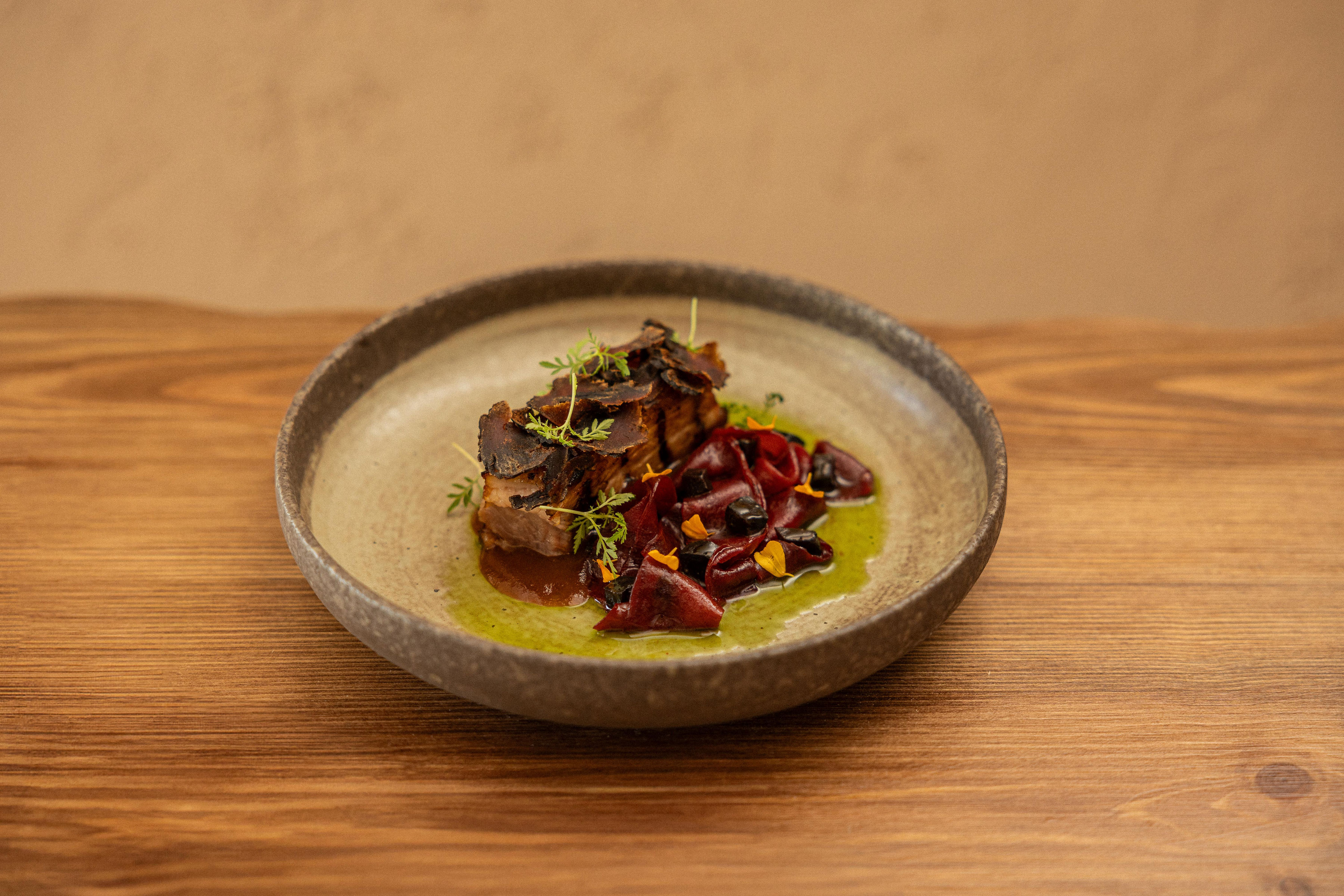 Pork belly with beetroot dish at Sino restaurant.