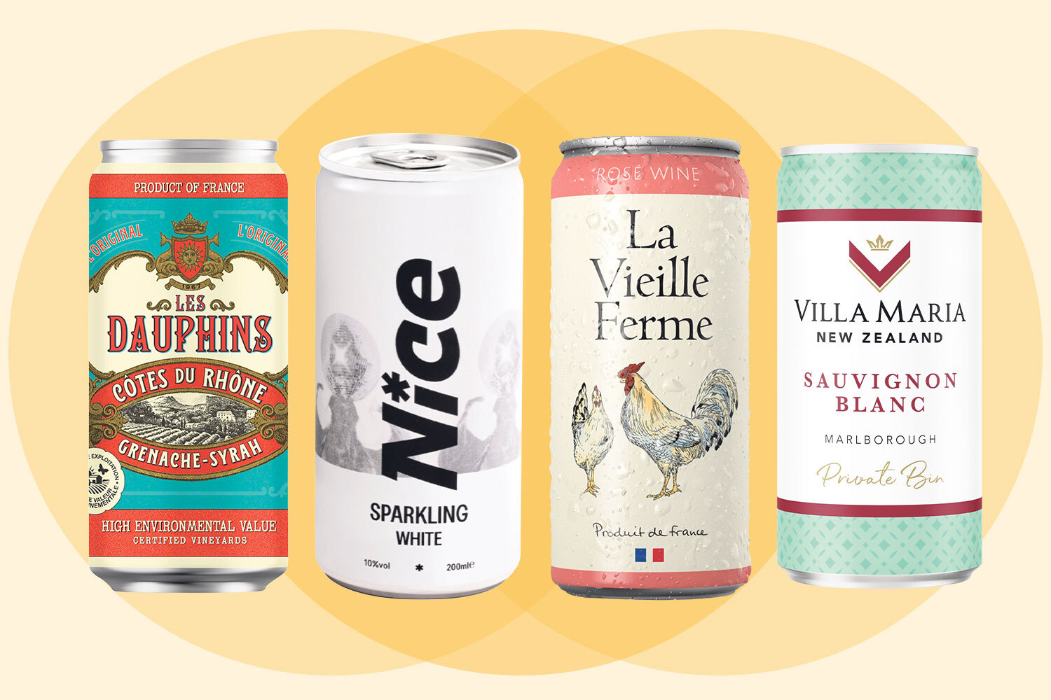 Collage of four canned wine varieties.